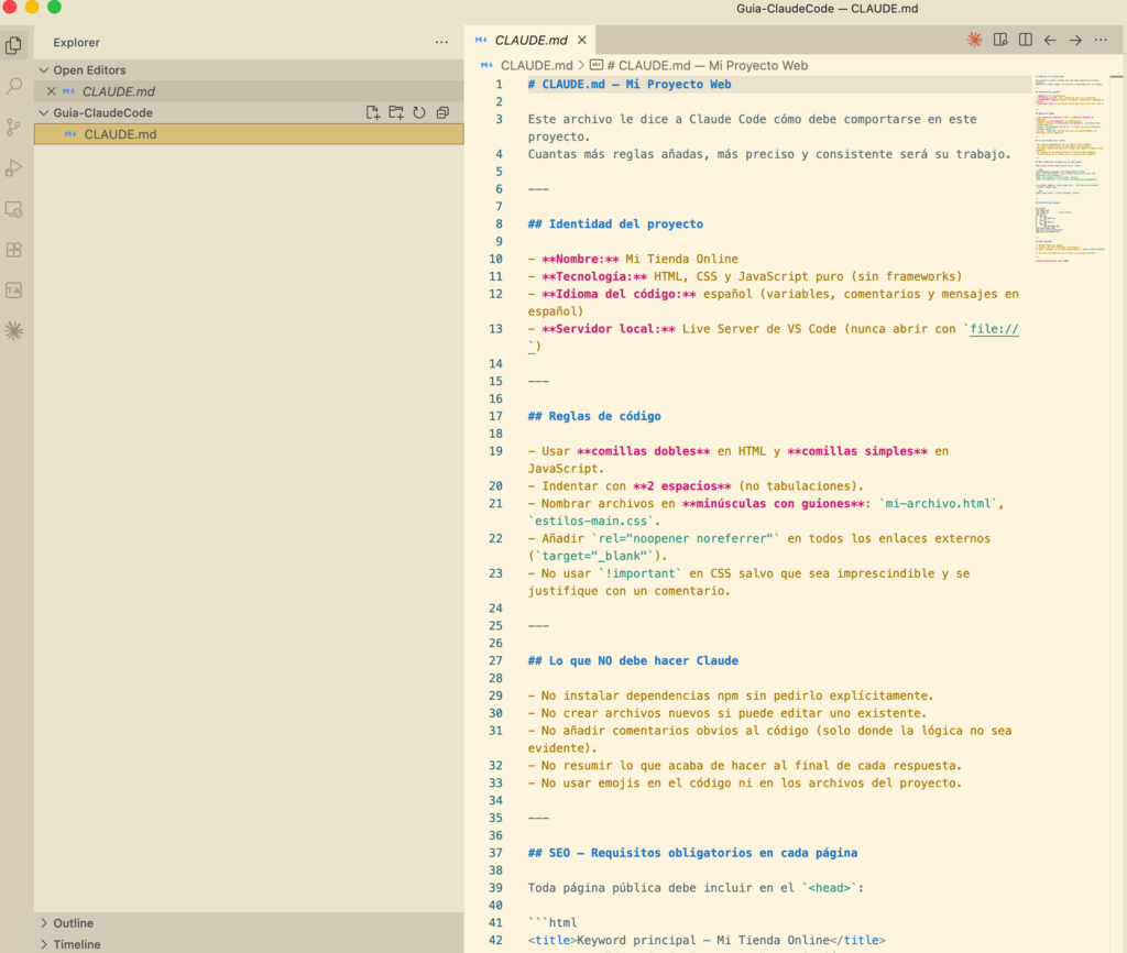 Captura del archivo CLAUDE.md abierto en el editor principal, mostrando reglas escritas en españo