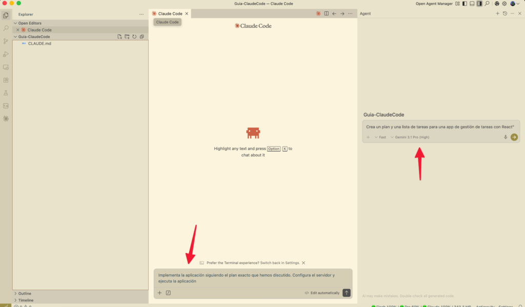 Esquema visual o diagrama mostrando a Gemini planificando (Manager View) y a Claude Code programando en la terminal (Editor View)