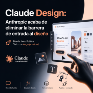 Claude Design de Anthropic, interfaz de diseño asistido por IA con panel de edición visual, elementos gráficos flotantes y una mano interactuando con una pantalla táctil, destacando creación de diseños mediante lenguaje natural en un entorno moderno y tecnológico