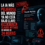 lustración conceptual de una filtración de inteligencia artificial, con una interfaz avanzada expuesta en una pantalla oscura, alertas de seguridad, códigos visibles y elementos visuales de ciberseguridad que representan la fuga de un sistema de IA potente y restringido