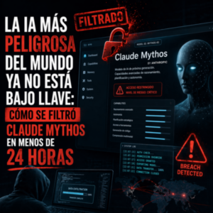 lustración conceptual de una filtración de inteligencia artificial, con una interfaz avanzada expuesta en una pantalla oscura, alertas de seguridad, códigos visibles y elementos visuales de ciberseguridad que representan la fuga de un sistema de IA potente y restringido