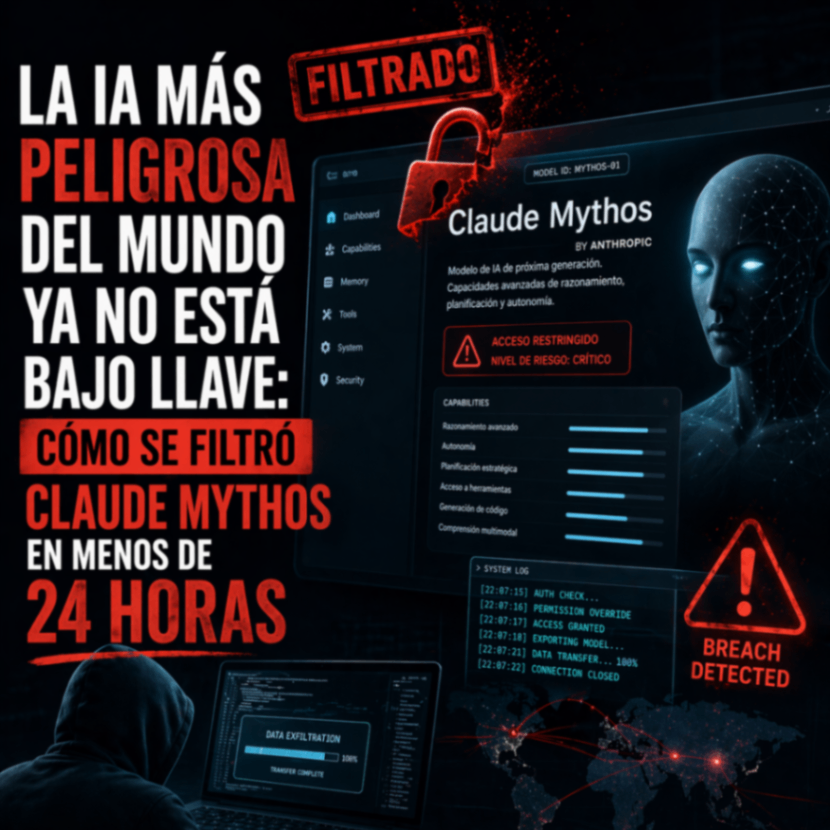 lustración conceptual de una filtración de inteligencia artificial, con una interfaz avanzada expuesta en una pantalla oscura, alertas de seguridad, códigos visibles y elementos visuales de ciberseguridad que representan la fuga de un sistema de IA potente y restringido