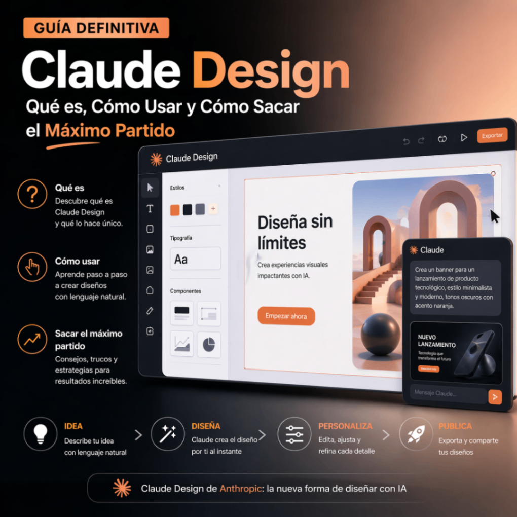 Guía definitiva de Claude Design de Anthropic mostrando una interfaz de diseño asistido por IA, con panel de herramientas, edición visual en tiempo real y ejemplos de creación de diseños mediante lenguaje natural en un entorno moderno y tecnológico