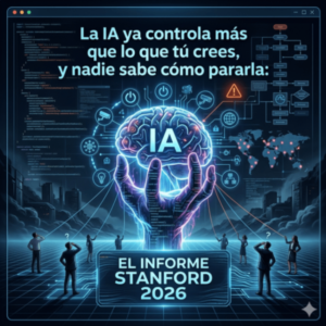 Ilustración conceptual sobre el Informe Stanford 2026 mostrando un cerebro digital de inteligencia artificial controlando redes globales y datos, con figuras humanas observando el avance tecnológico