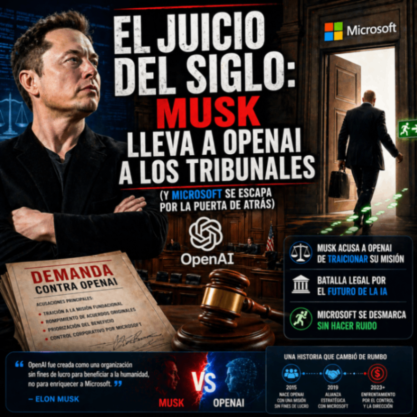 Ilustración de un juicio tecnológico con Elon Musk enfrentándose a OpenAI en un tribunal, un mazo judicial en primer plano y una figura saliendo por una puerta con el logo de Microsoft, simbolizando una batalla legal por el futuro de la inteligencia artificial
