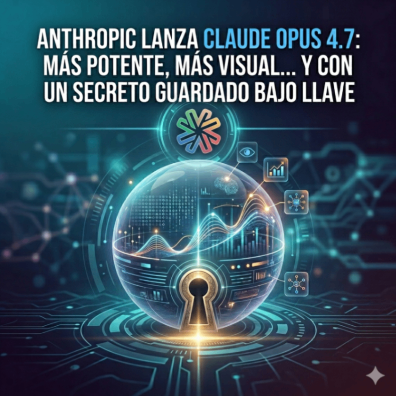 Imagen promocional sobre el lanzamiento de Anthropic Claude Opus 4.7 con estética tecnológica futurista, mostrando gráficos de datos, un candado simbólico y el logotipo oficial de Claude