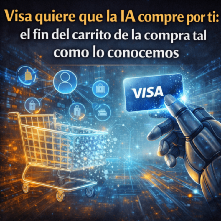 Ilustración de inteligencia artificial realizando compras automáticamente con una tarjeta Visa y un carrito digital desapareciendo.