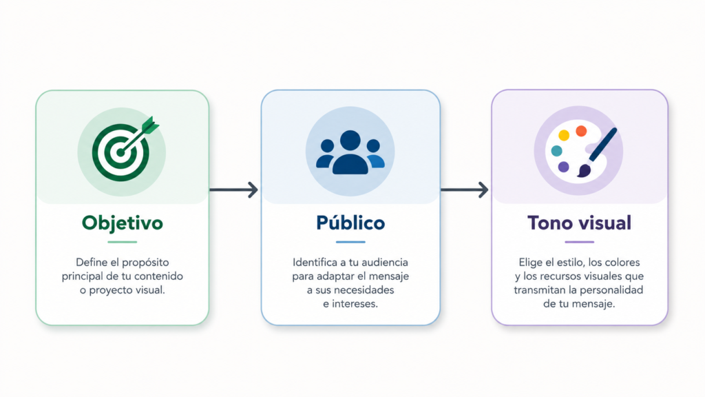 Diagrama con tres bloques conectados: objetivo, público y tono visual