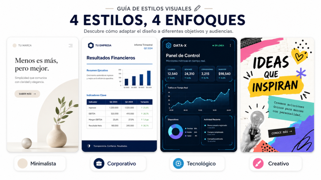 4 miniestilos: minimalista, corporativo, tecnológico y creativo, con etiquetas claras