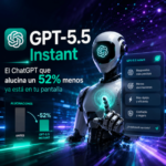 Ilustración futurista de GPT-5.5 Instant mostrando reducción del 52% en alucinaciones con interfaz de ChatGPT y robot avanzado