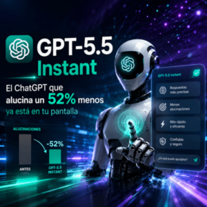 Ilustración futurista de GPT-5.5 Instant mostrando reducción del 52% en alucinaciones con interfaz de ChatGPT y robot avanzado