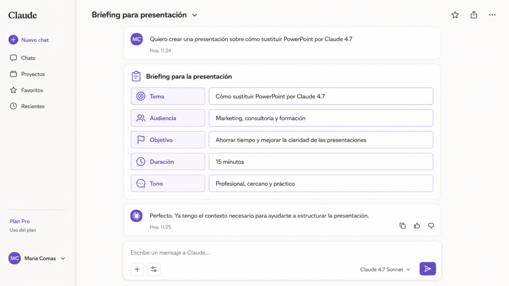 captura simulada de un briefing en Claude