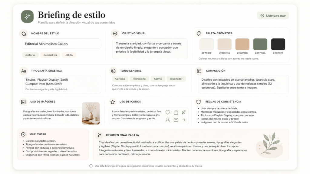 Plantilla visual tipo ficha con campos de briefing rellenados
