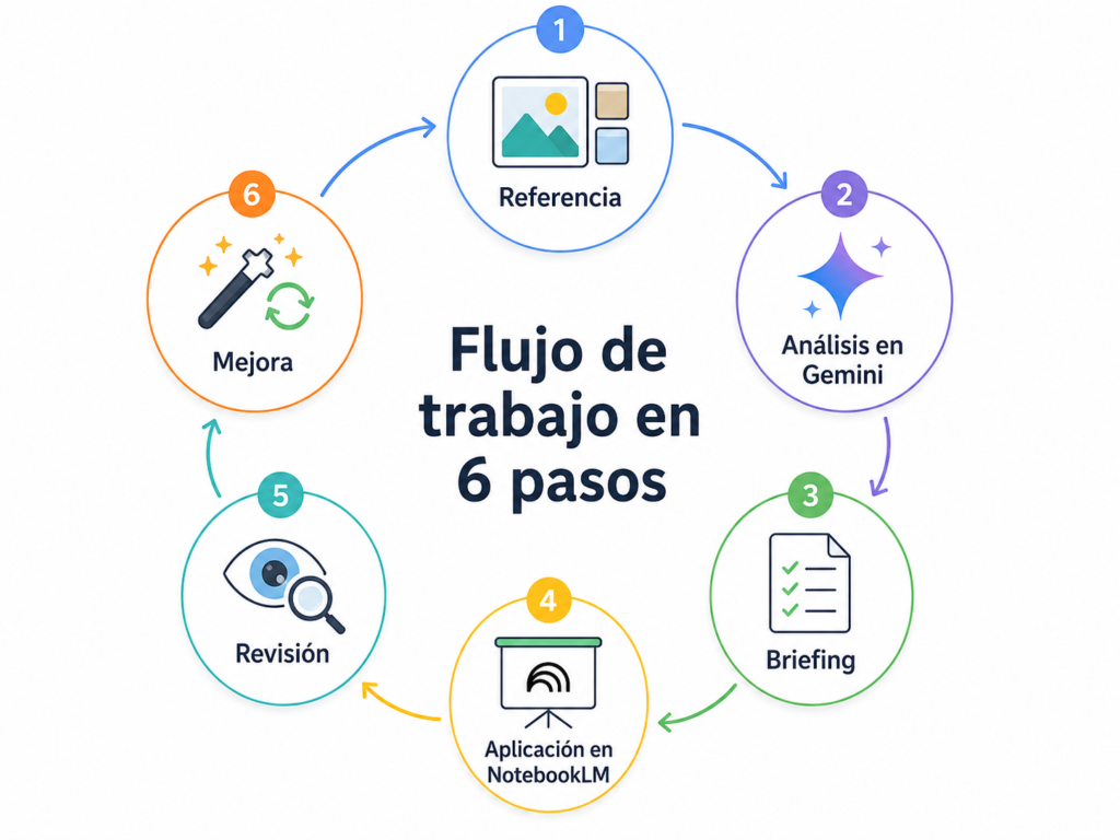 Diagrama circular con seis pasos: referencia, análisis en Gemini, briefing, aplicación en NotebookLM, revisión y mejora