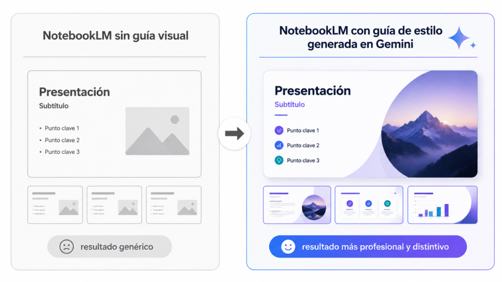 Diagrama simple con dos bloques. “NotebookLM sin guía visual” → “resultado genérico”; “NotebookLM con guía de estilo generada en Gemini” → “resultado más profesional y distintivo”