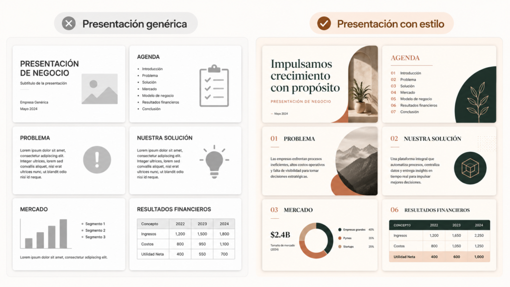 Comparativa visual entre dos presentaciones. A la izquierda, una presentación genérica; a la derecha, una presentación con estilo más editorial y definido