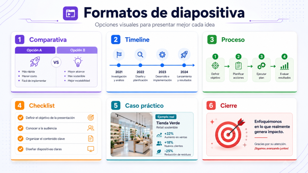 Cuadrícula de formatos de diapositiva: comparativa, timeline, proceso, checklist, caso práctico y cierre