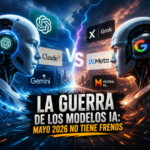 Batalla visual entre modelos de IA en mayo de 2026 con robots, logos tecnológicos y energía futurista