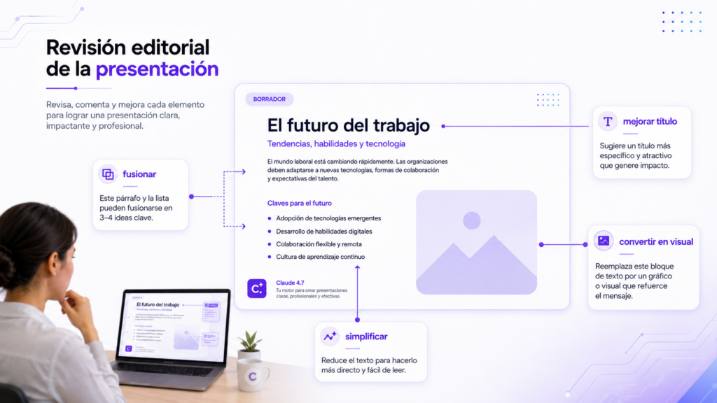 mockup de revisión editorial con comentarios laterales