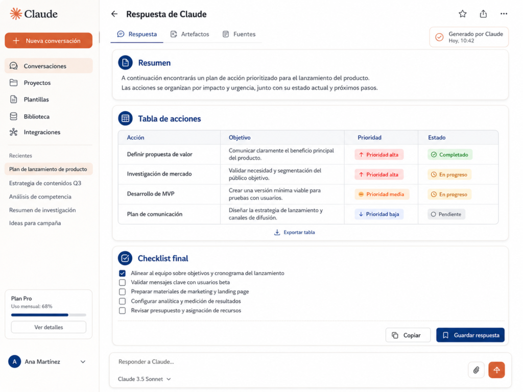 mockup de una respuesta de Claude en formato tabla/checklist