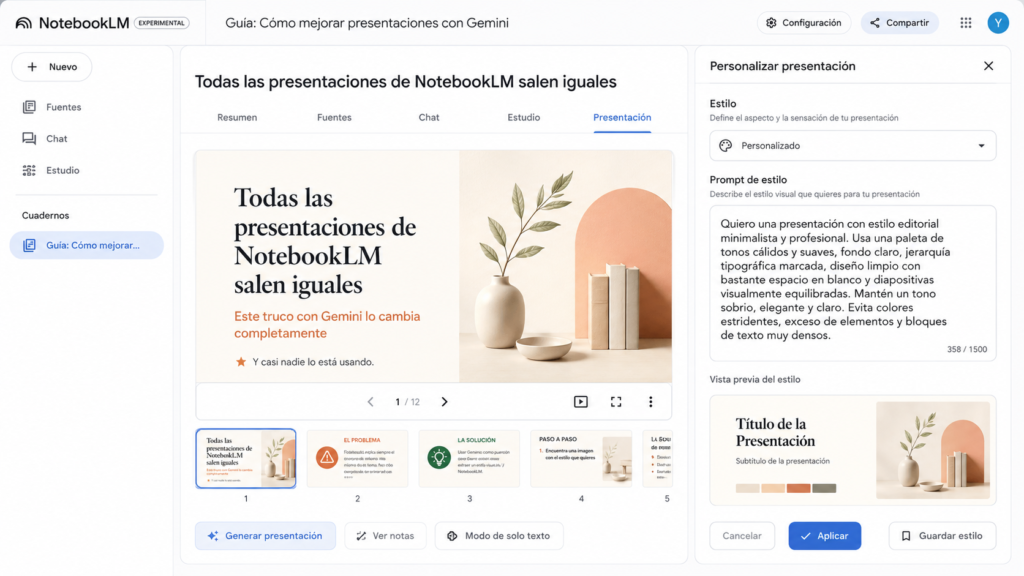 Captura simulada de NotebookLM con un cuadro de “Personalizar presentación” y un prompt de estilo ya redactado