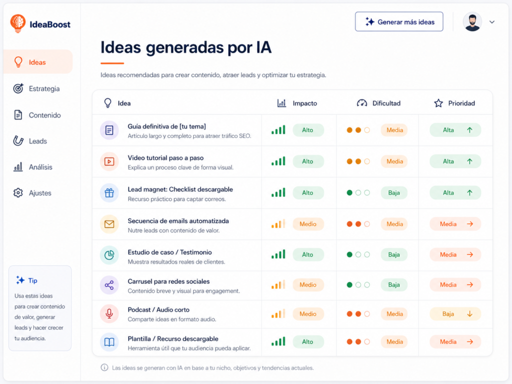 tabla visual con ideas generadas por IA, columnas de impacto, dificultad y prioridad.